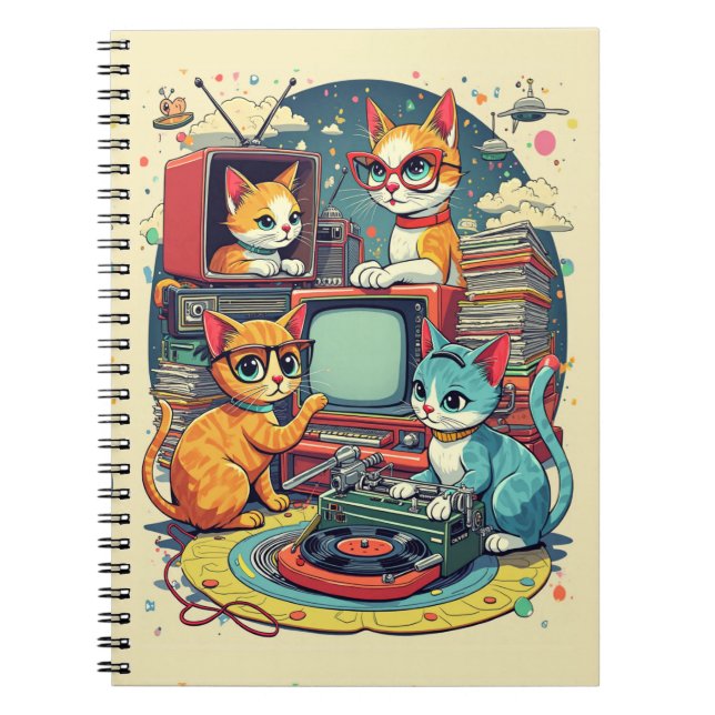 Mid Century Cats with Retro Records & TV Notebook (Front)