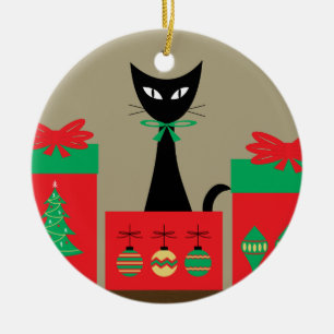 Mid Century Christmas Cat in Box Ceramic Tree Decoration