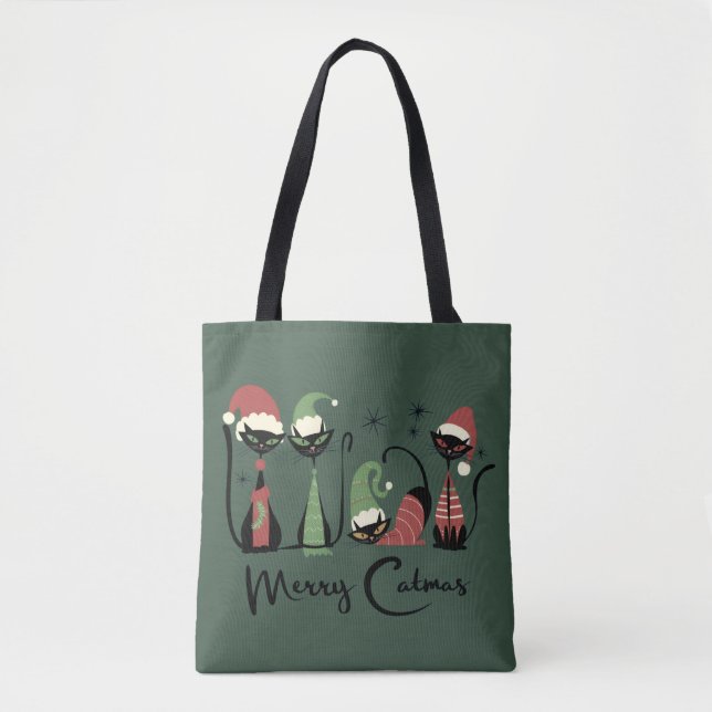 Mid Century Christmas Cats Atomic 50s Style Tote Bag (Front)