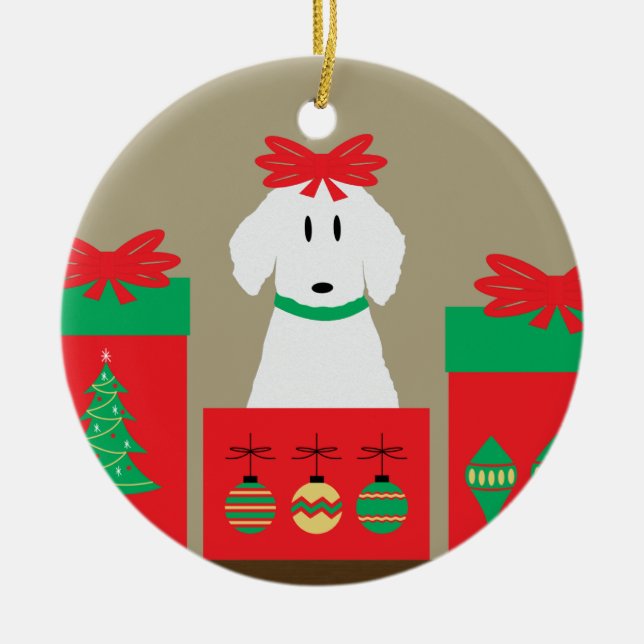 Mid Century Christmas Dog in Box Ceramic Tree Decoration (Front)