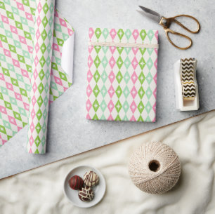 Mid Century Christmas Light Pink and Green Diamond Wrapping Paper