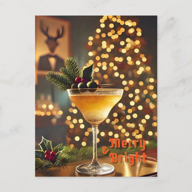 Mid Century Christmas Merry & Bright Cocktail  Postcard (Front)