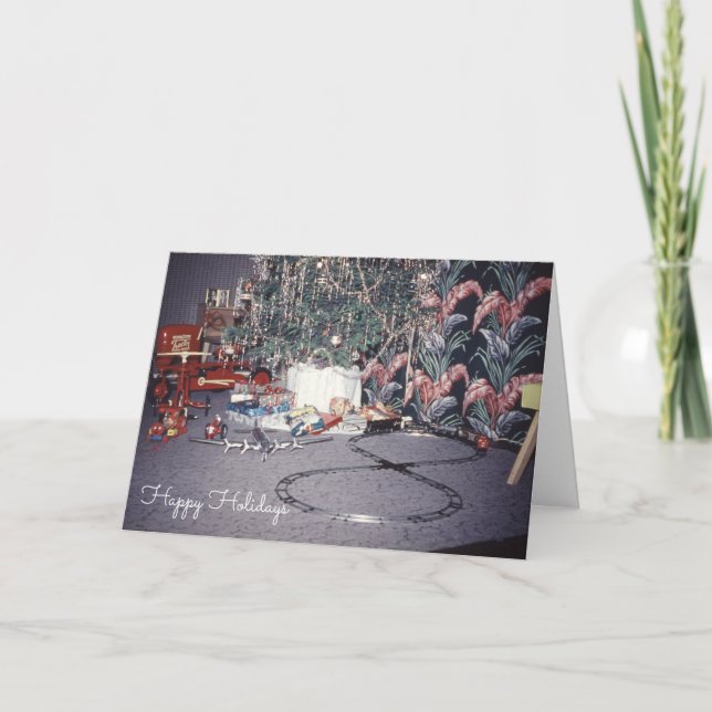 Mid-century Christmas Vintage Holiday Toys Train Card (Front)