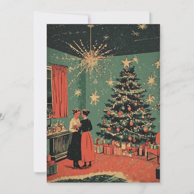Mid-Century ChristmasFestive Living Room Scene Holiday Card (Front)