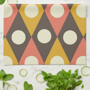 Mid Century Circles on Terracotta Mustard Diamonds Tea Towel