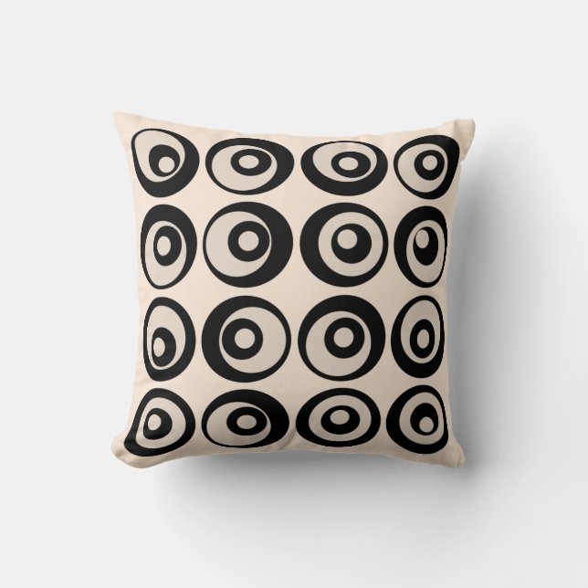 Mid Century Circles Pattern Black And Cream Cushion (Front)