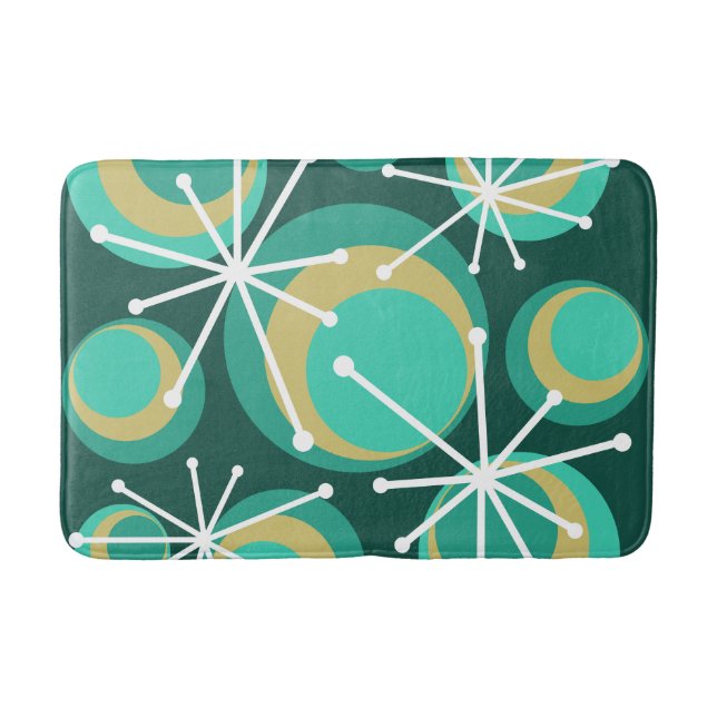 Mid Century Circles Starbursts Teal Bath Mat (Front)