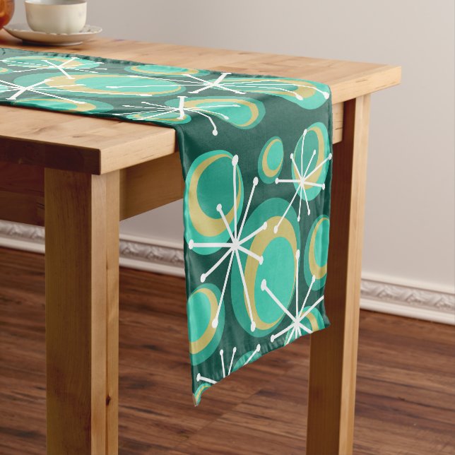 Mid Century Circles Starbursts Teal Short Table Runner (In Situ)