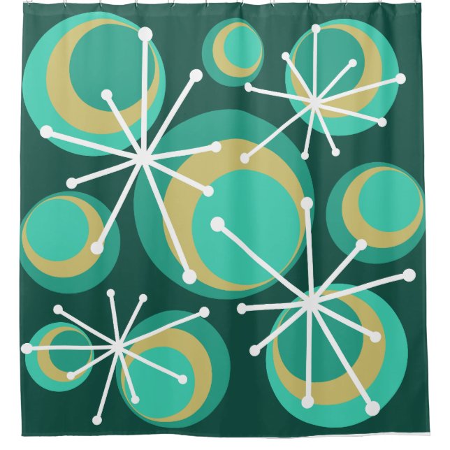 Mid Century Circles Starbursts Teal Shower Curtain (Front)