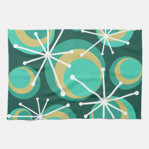 Mid Century Circles Starbursts Teal Tea Towel