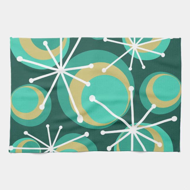 Mid Century Circles Starbursts Teal Tea Towel (Horizontal)