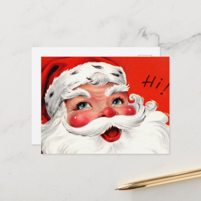 Mid-Century Close-Up Santa Holiday Postcard (Front/Back In Situ)
