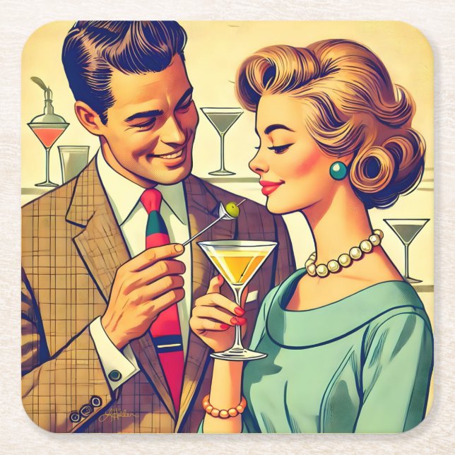 Mid Century Cocktail Party Couples - Temptation Square Paper Coaster (Front)