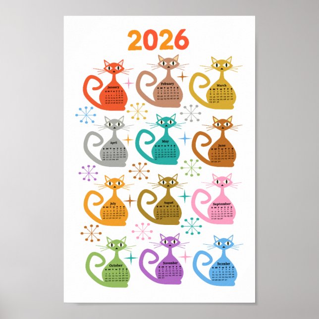 Mid Century Colorful Atomic Cats 2026 Calendar  Poster (Front)