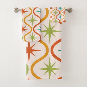 Mid Century Colourful  Starbursts On Ogee Pattern  Bath Towel Set
