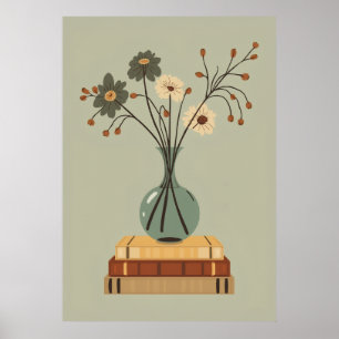 Mid Century Daisy Vase Vintage Books Still Life Poster