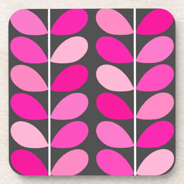 Mid Century Danish Leaves, Fuchsia Pink and Grey Coaster (Front)