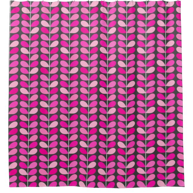 Mid Century Danish Leaves, Fuchsia Pink and Grey Shower Curtain (Front)