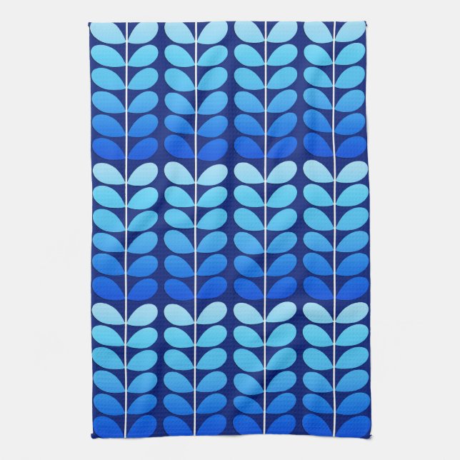 Mid Century Danish Leaves, Navy and Cobalt Blue Tea Towel (Vertical)