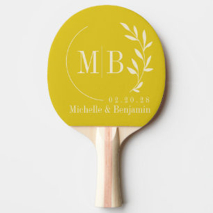Mid-Century Dark Lemon Leaf Wedding Monogram Ping Pong Paddle