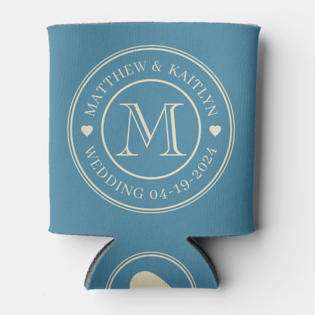 Mid-Century Deep Aqua Wedding Monogram Heart Can Cooler (Front)
