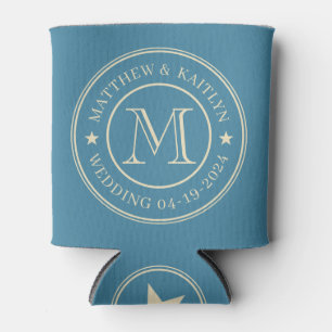 Mid-Century Deep Aqua Wedding Monogram Star Can Cooler