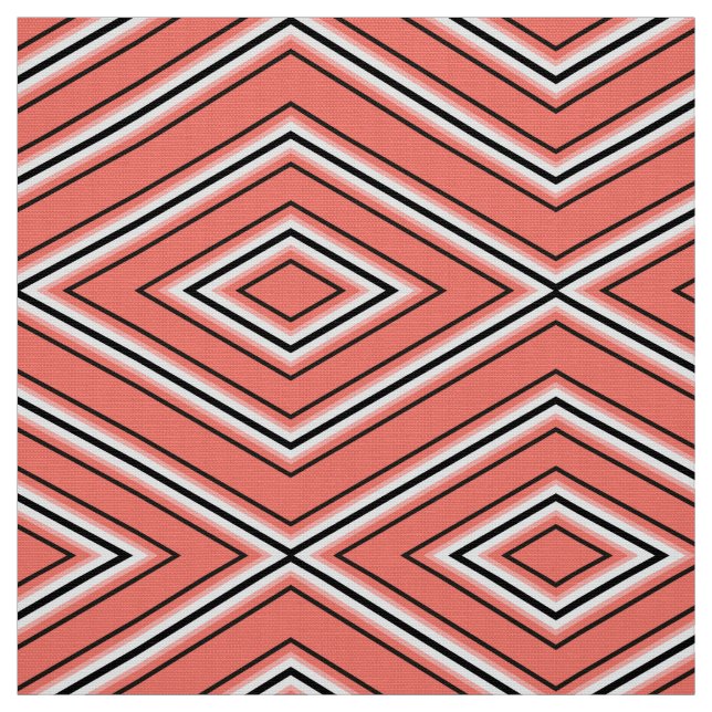 Mid Century Diamond Pattern Coral, Black and White Fabric (Swatch)