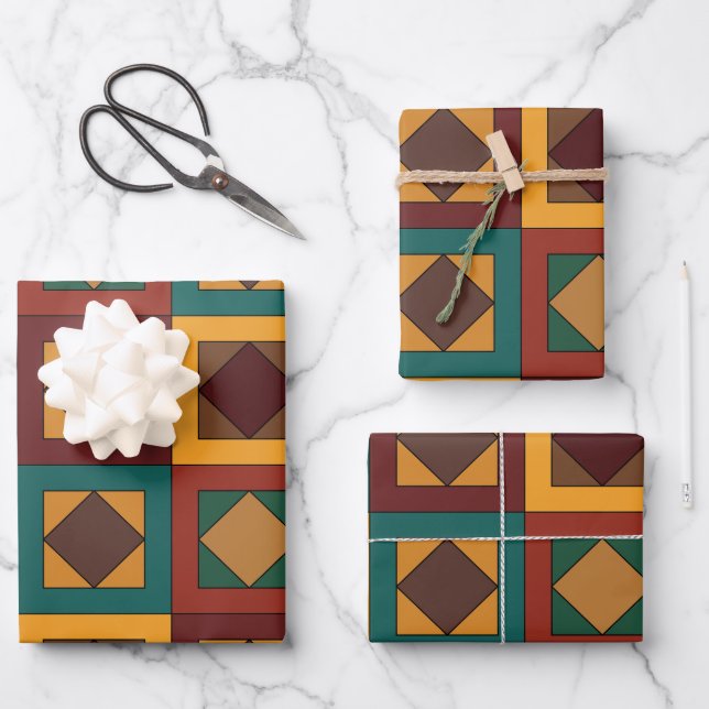 Mid Century Diamond Square Geometric Pattern Wrapping Paper Sheet (Front)