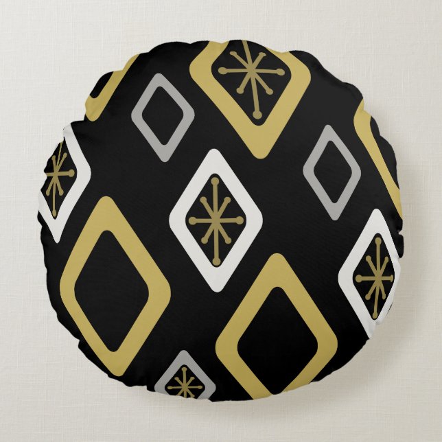 Mid Century Diamonds Black Gold Round Cushion (Front)