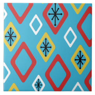 Mid Century Diamonds Blue Red Yellow Tile