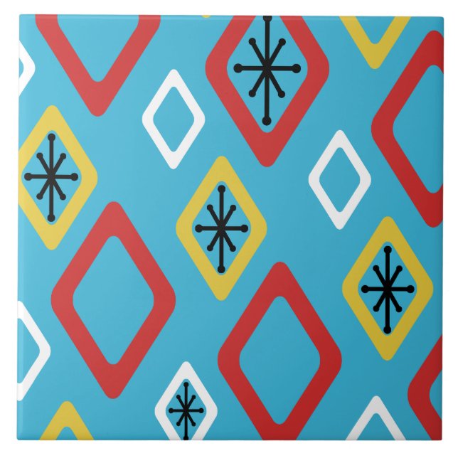 Mid Century Diamonds Blue Red Yellow Tile (Front)