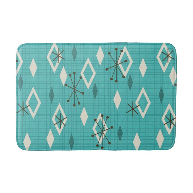 Mid Century Diamonds Starbursts Turquoise Bath Mat (Front)