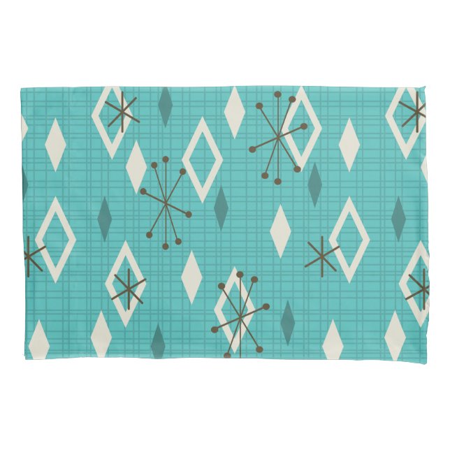 Mid Century Diamonds Starbursts Turquoise Pillowcase (Front)