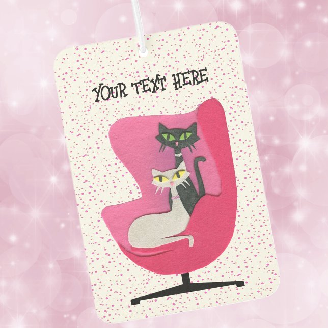 Mid Century Dimensional Look Cats Chair Pink Dots Car Air Freshener (Dimensional look cats in mid century pink chair on white with pink polka dotted car air freshener.)