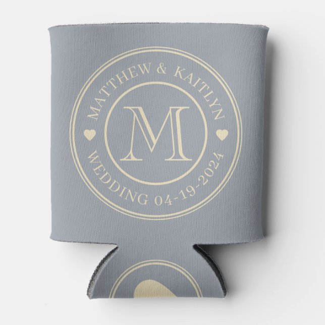 Mid-Century  Dove Grey Wedding Monogram Heart Can Cooler (Front)