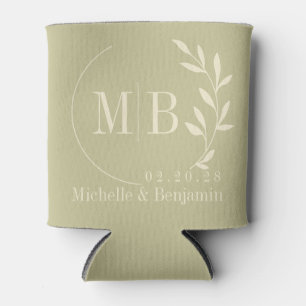 Mid-Century Dust Sage Leaf Wedding Monogram Can Cooler