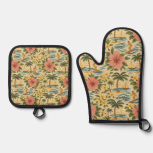Mid Century Faded Hawaiian Shirt Print Oven Mitt & Pot Holder Set