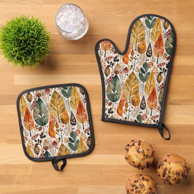 Mid-Century Fall Forest Oven Mitt & Pot Holder Set (Top Down)
