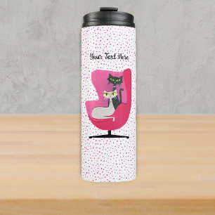 Mid Century Fancy Cats in Pink Chair Polka Dots Thermal Tumbler