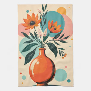 Mid-century Floral Terra Cotta Turqouise Pink Tea Towel