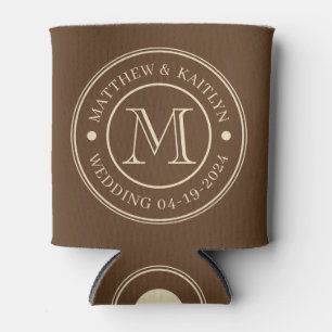 Mid-Century Forest Brown Wedding Monogram Can Cooler