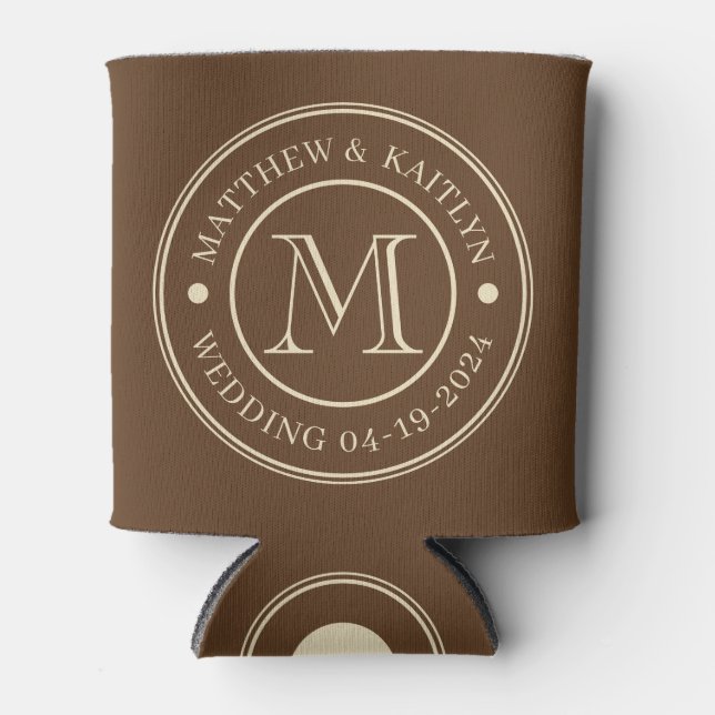 Mid-Century Forest Brown Wedding Monogram Can Cooler (Front)