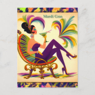 Mid Century Futuristic Mardi Gras Martini Woman Postcard
