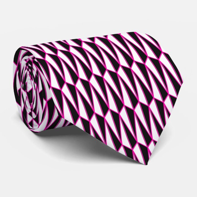 Mid-Century geometric, black, white, hot pink Tie (Rolled)