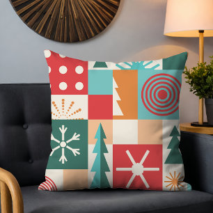 Mid Century Geometric Christmas Trees Snowflakes Cushion