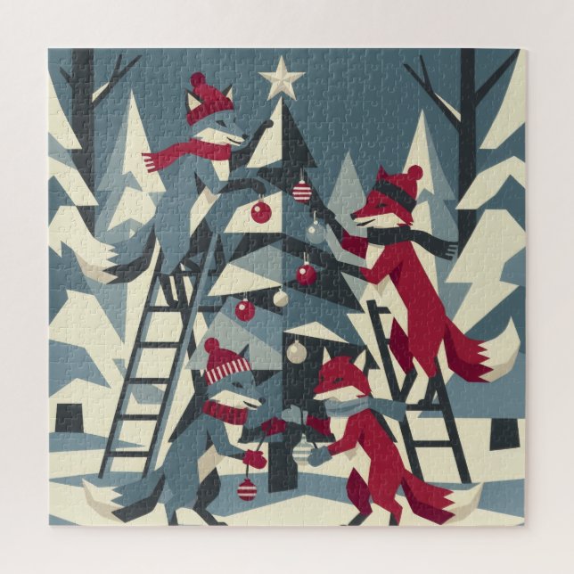 Mid Century Geometric | Fox Family Winter I Square Jigsaw Puzzle (Vertical)