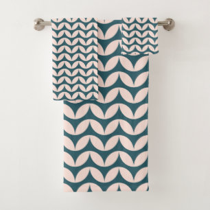 Mid Century Geometric Petal Pattern Teal Blush Bath Towel Set