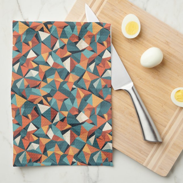 Mid-Century Geometric Teal & Orange Pattern Tea Towel (Quarter Fold)