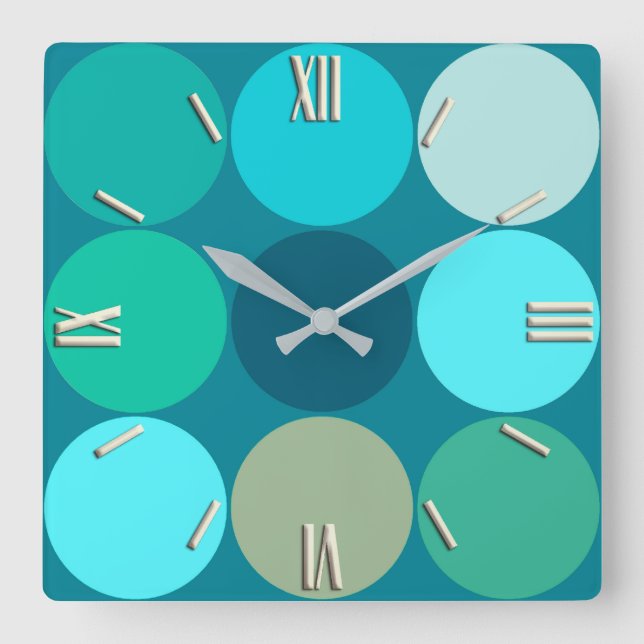 Mid-Century Giant Dots, Turquoise, Aqua & Beige Square Wall Clock (Front)