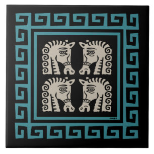 Mid Century Greek Key with Horses Design Tile
